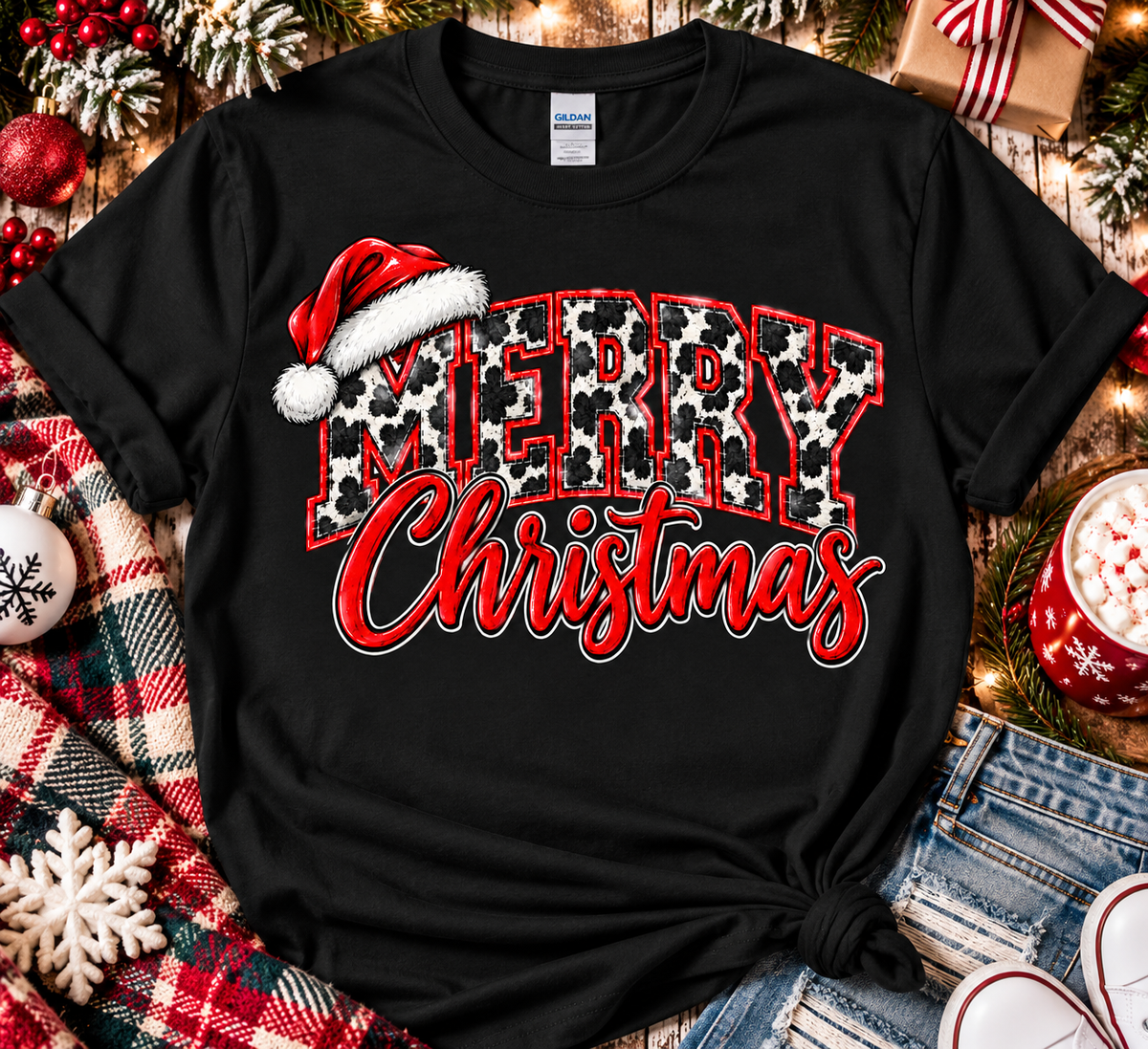 Christmas Graphic Tee - Cow Print Lettering